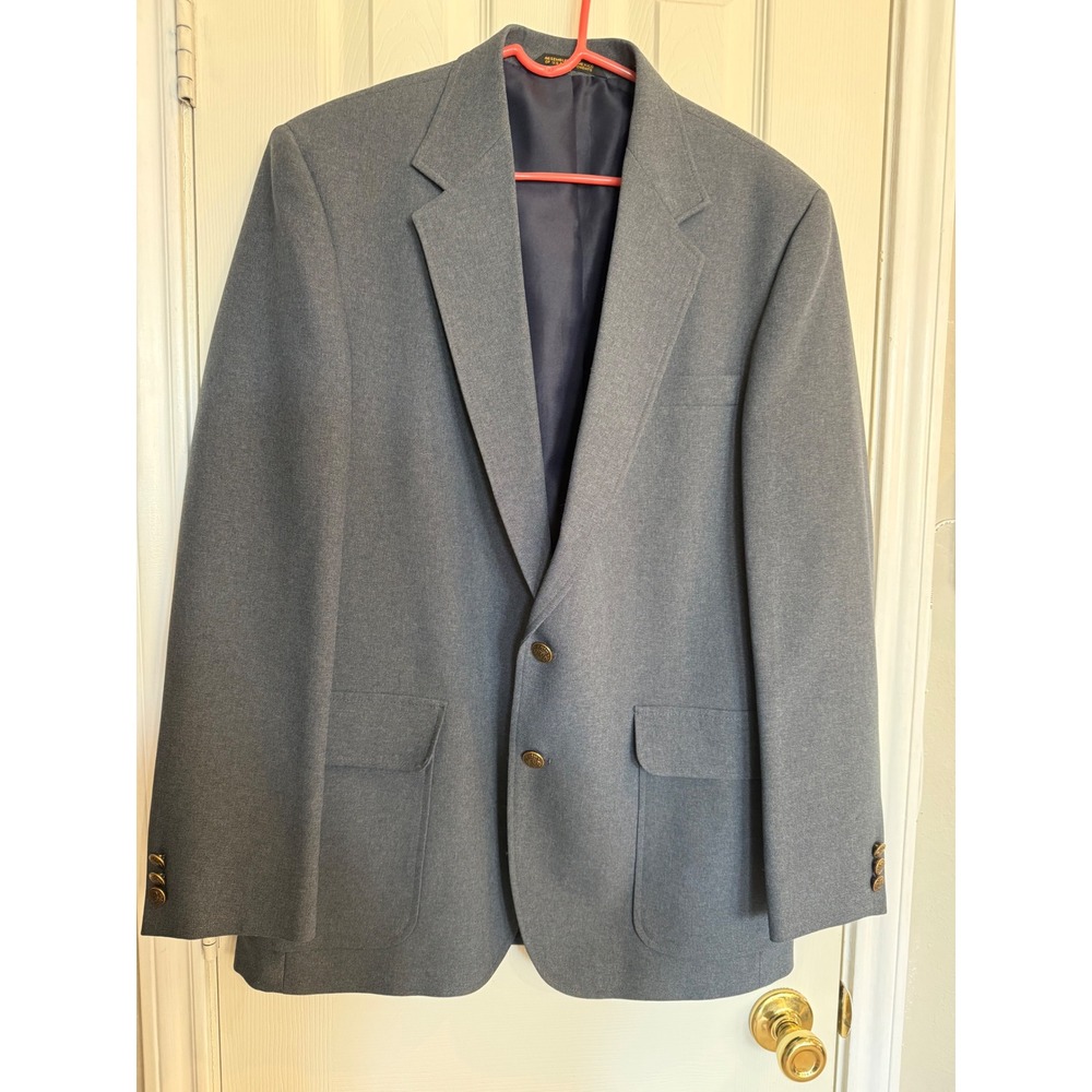 Haggar Mens Blazer Gray Blue 2 Button Gold Crest Buttons Sport Coat 42R